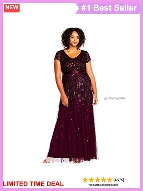 Plus Size Floor Length Beaded Cap Sleeve V-Neck Dress Formal Gown